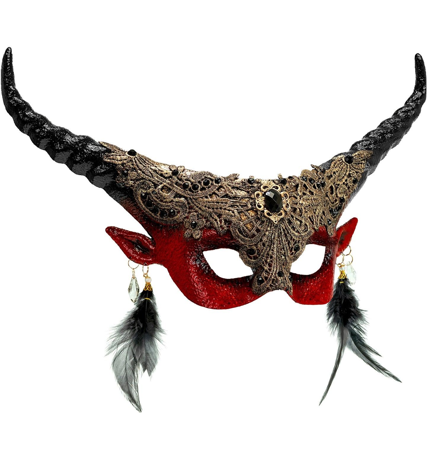 Oogmasker Hoorns Demoon Rood Goud met Oorbellen