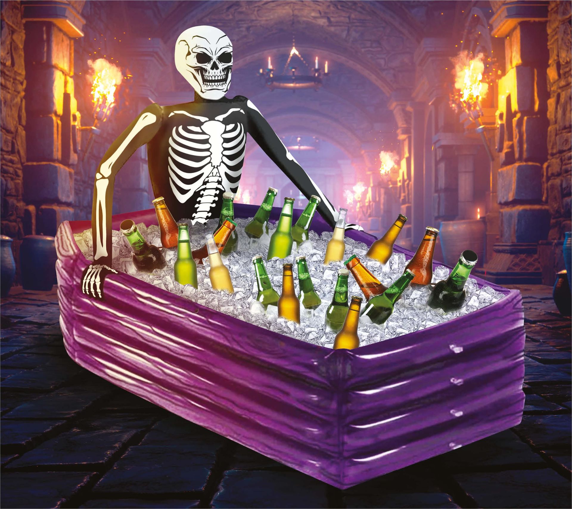 Opblaasbaar koelbad skelet in kist paars 100 x 35 cm halloween
