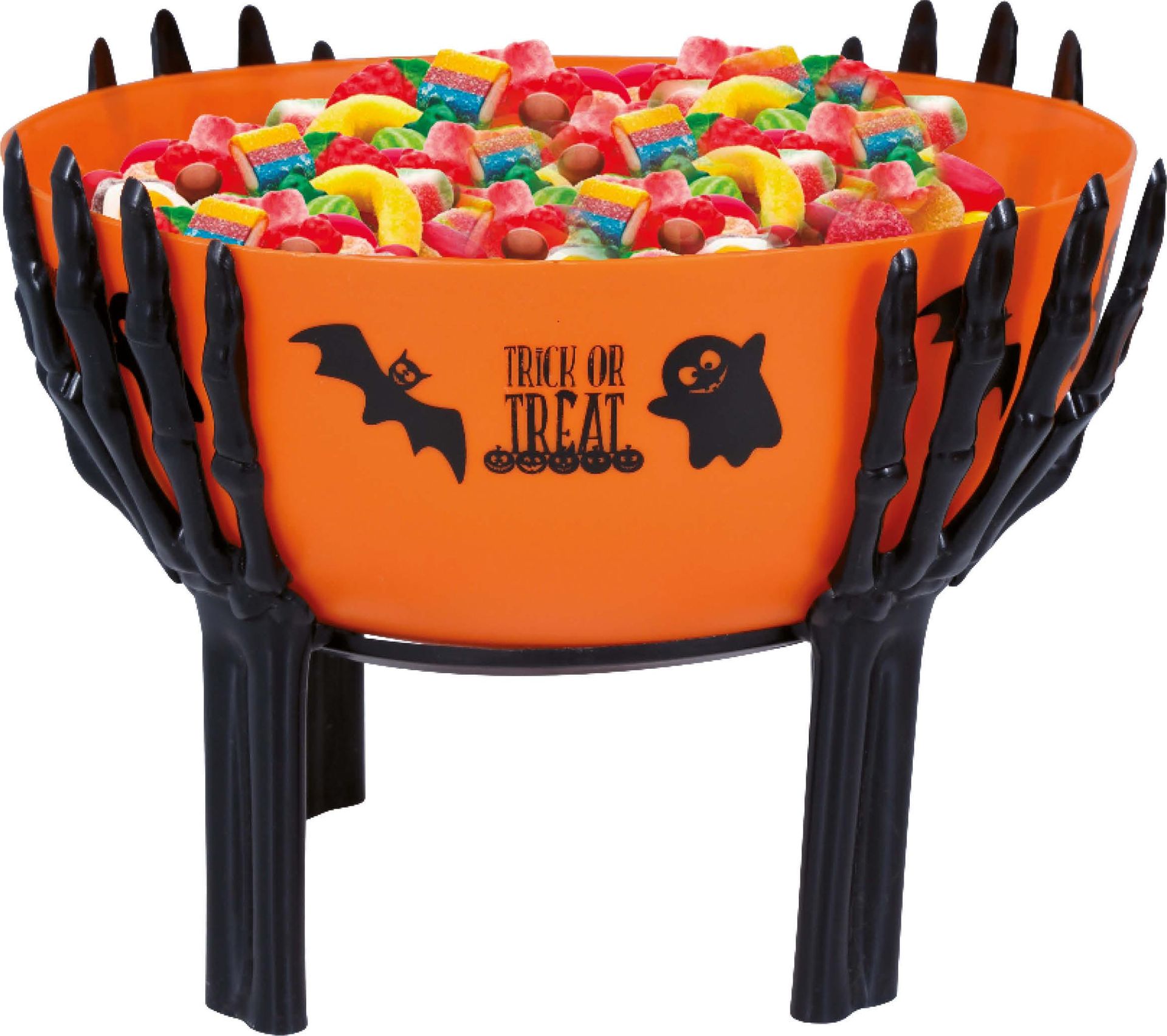Oranje snoepkom met skelethanden statief 26 x 18 cm halloween