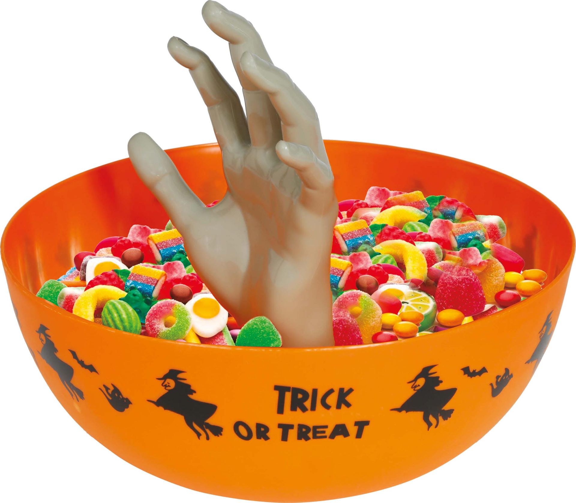 Oranje snoepkom met uitstekende hand 25 cm halloween