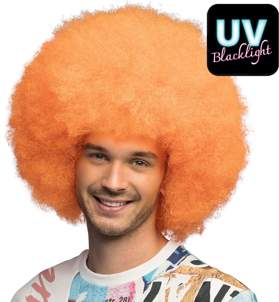 Oranje UV Neon Pruik Afro Disco