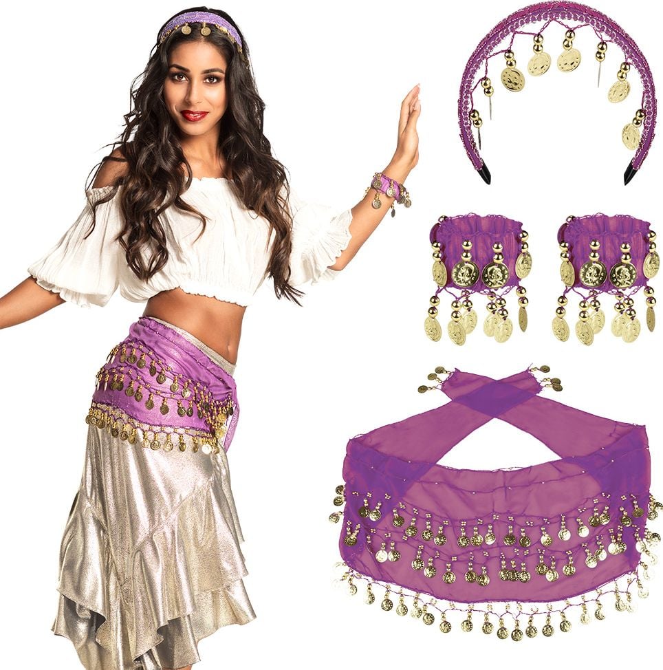 Paarse buikdanseres accessoires set met muntjes