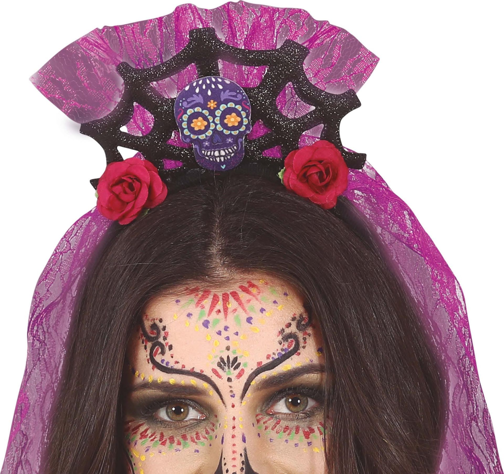 Paarse Día de Muertos haarband met sluier