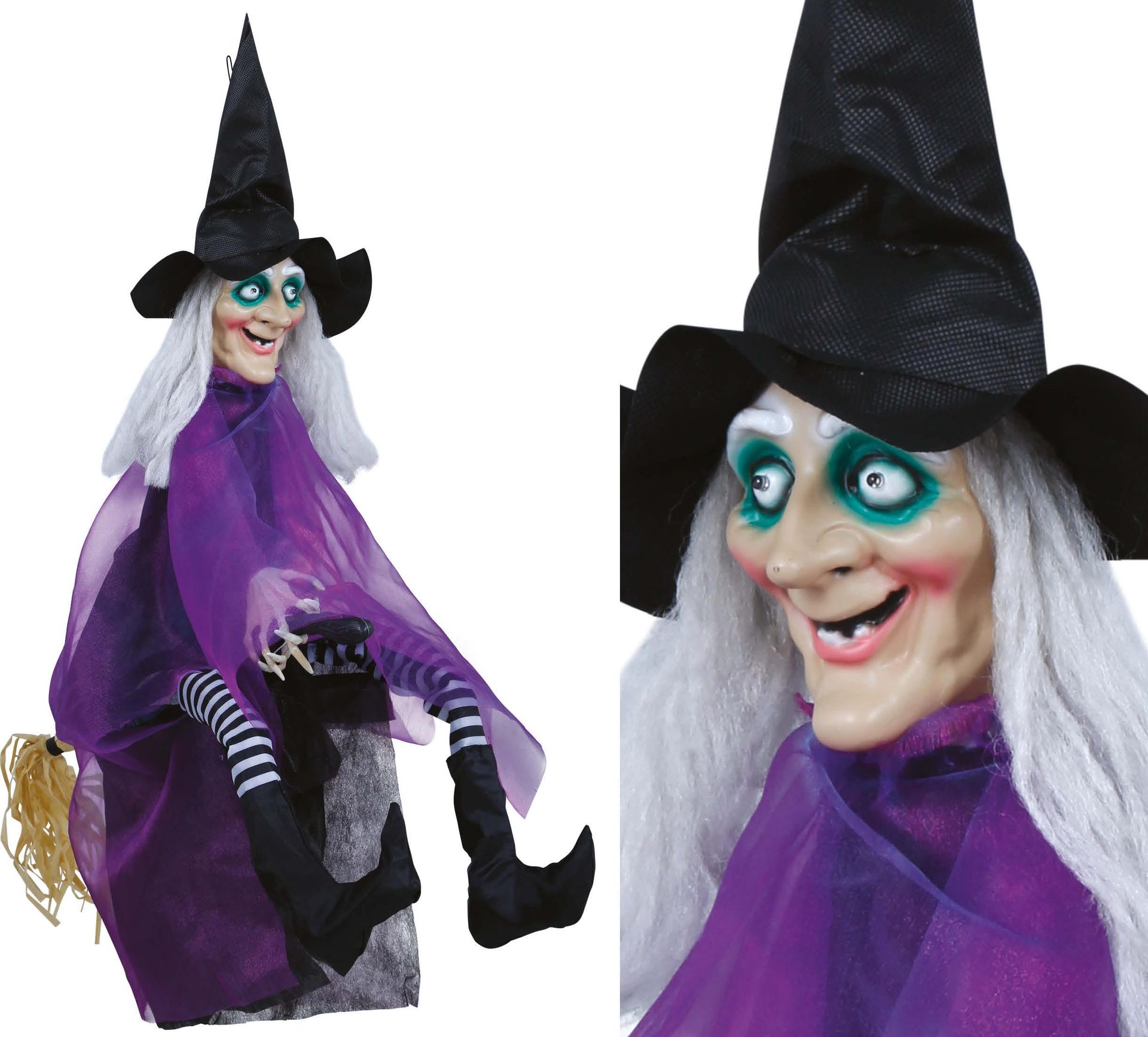 Paarse heks met verlichting, geluid en beweging 90 cm halloween
