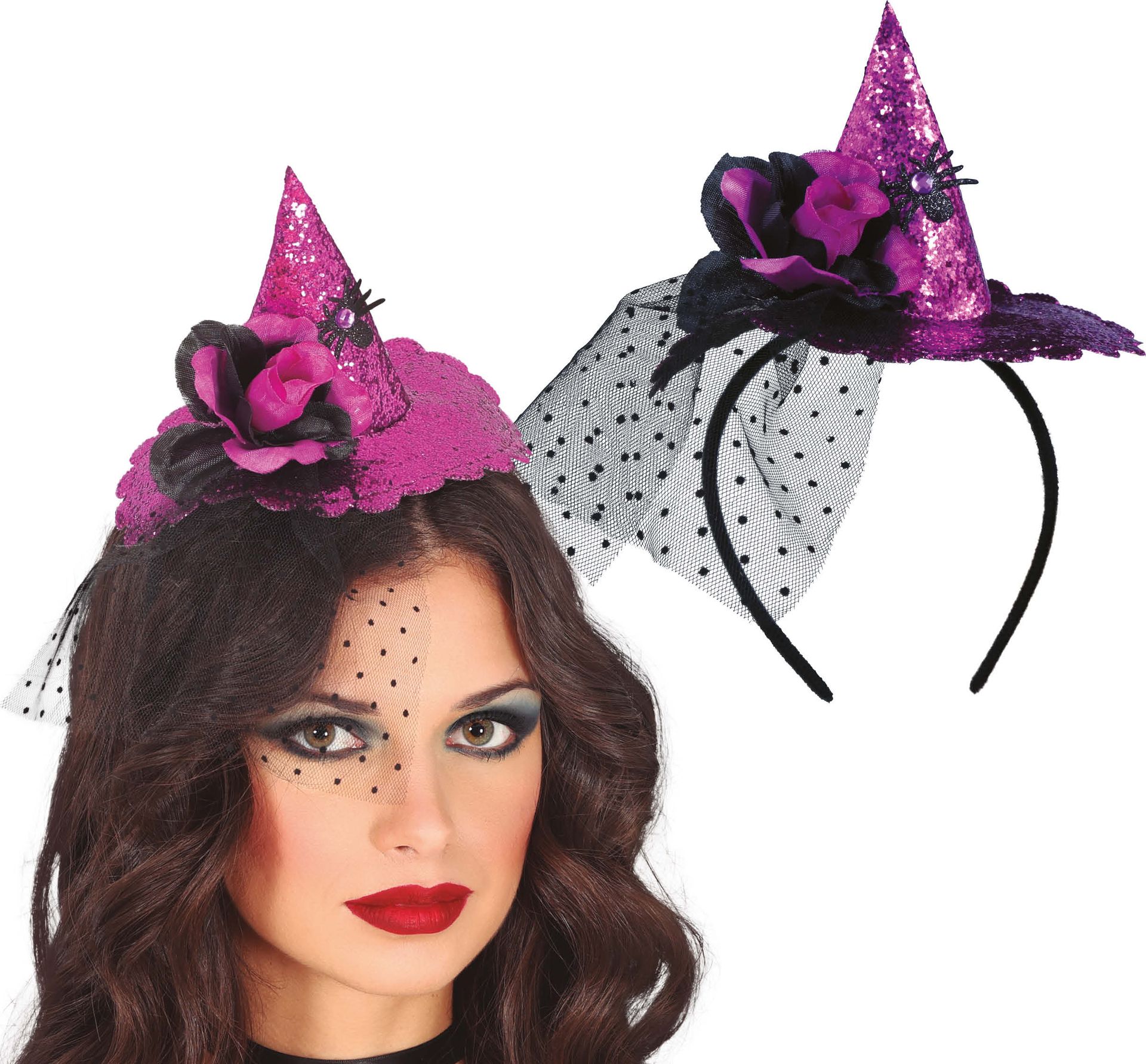 Paarse heksenhoed met bloem haarband halloween