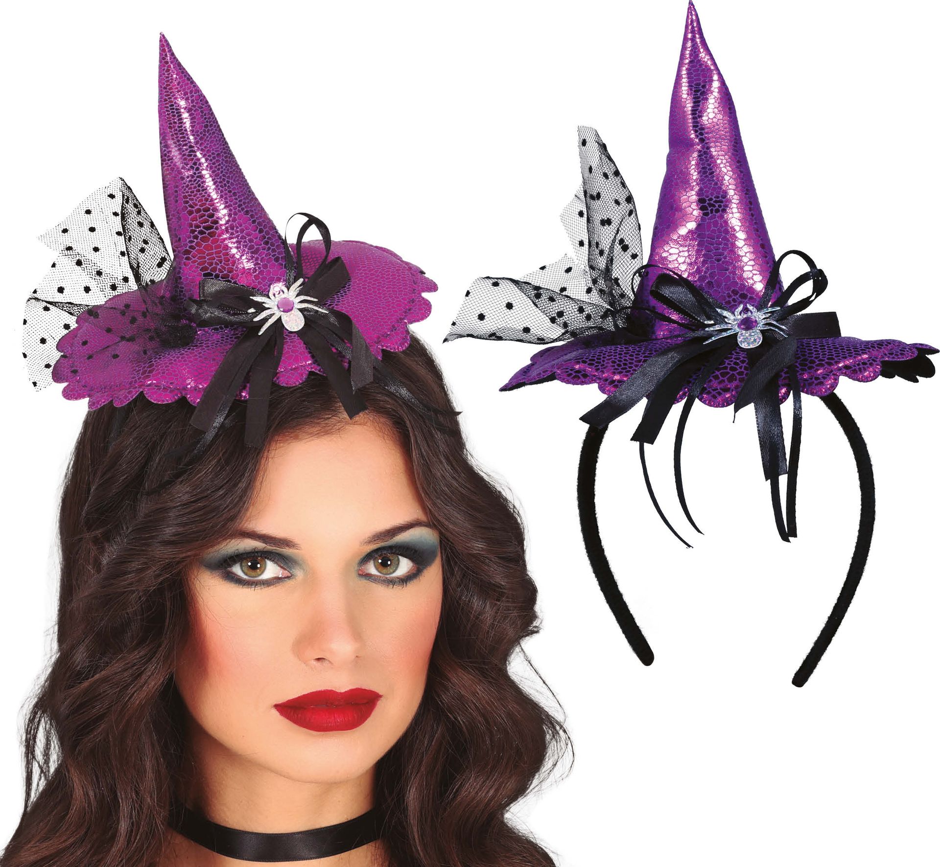 Paarse heksenhoed met spinnenstrik haarband halloween