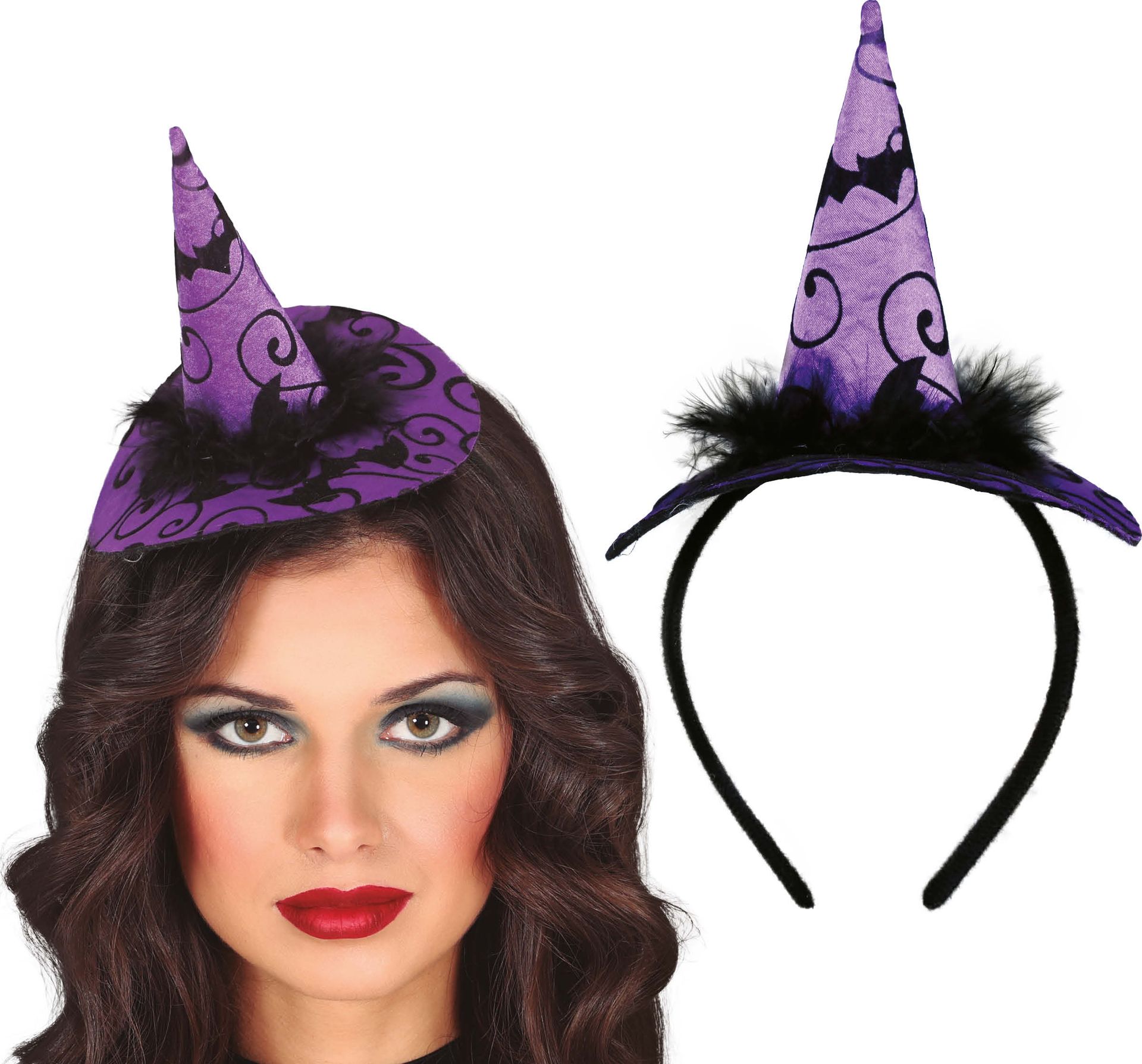 Paarse mini heksenhoed haarband halloween