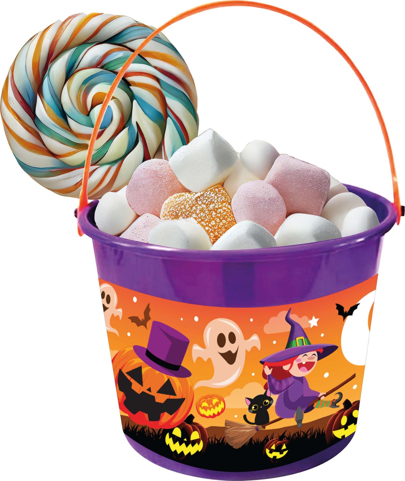 Paarse snoepemmer met vrolijke halloween figuren