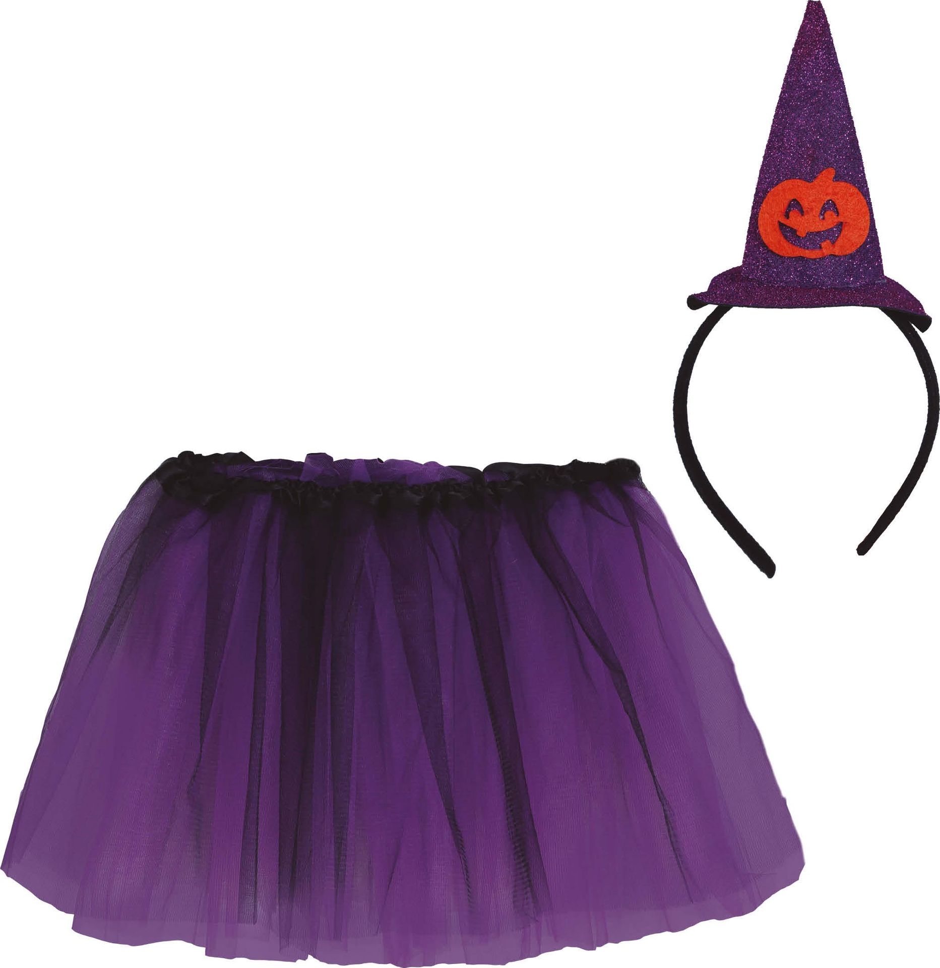 Paarse tutu met heksenhoed haarband kind 30 cm halloween