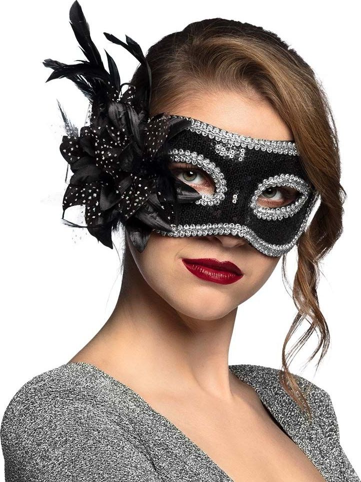 Pailletten oogmasker met bloem zwart