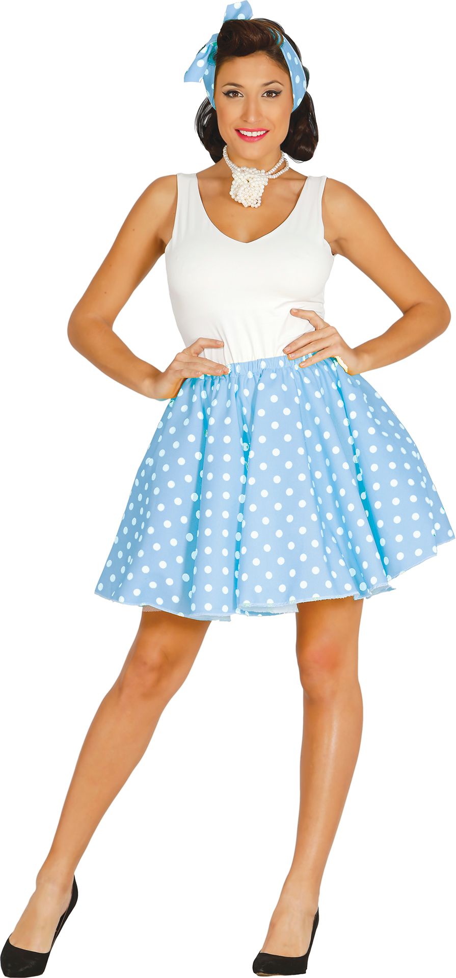 Pin Up Polkadot Outfit Dames Blauw Wit