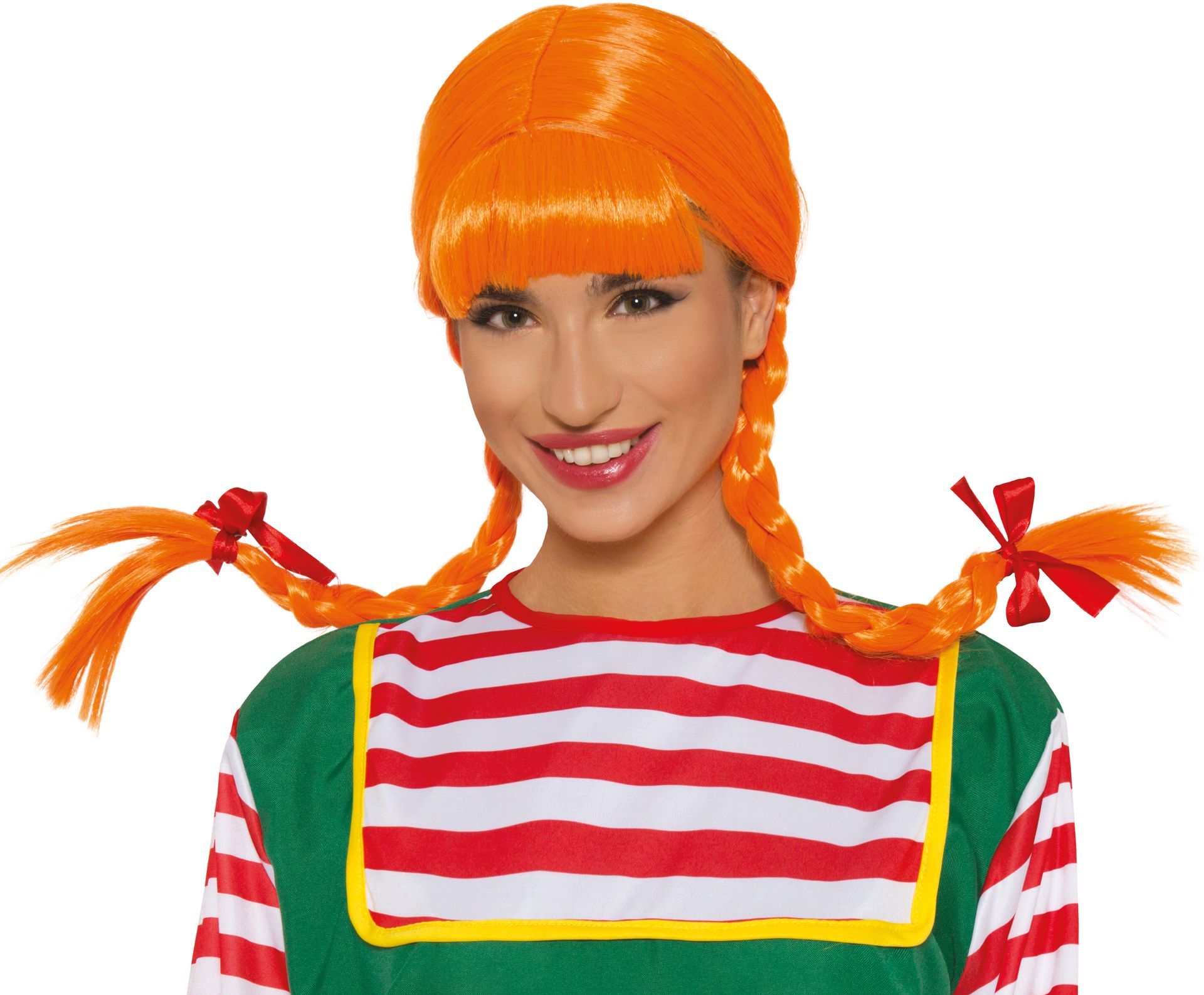 kleding Opname Afstoting Oranje Pippi pruik met strikjes | Feestkleding.nl