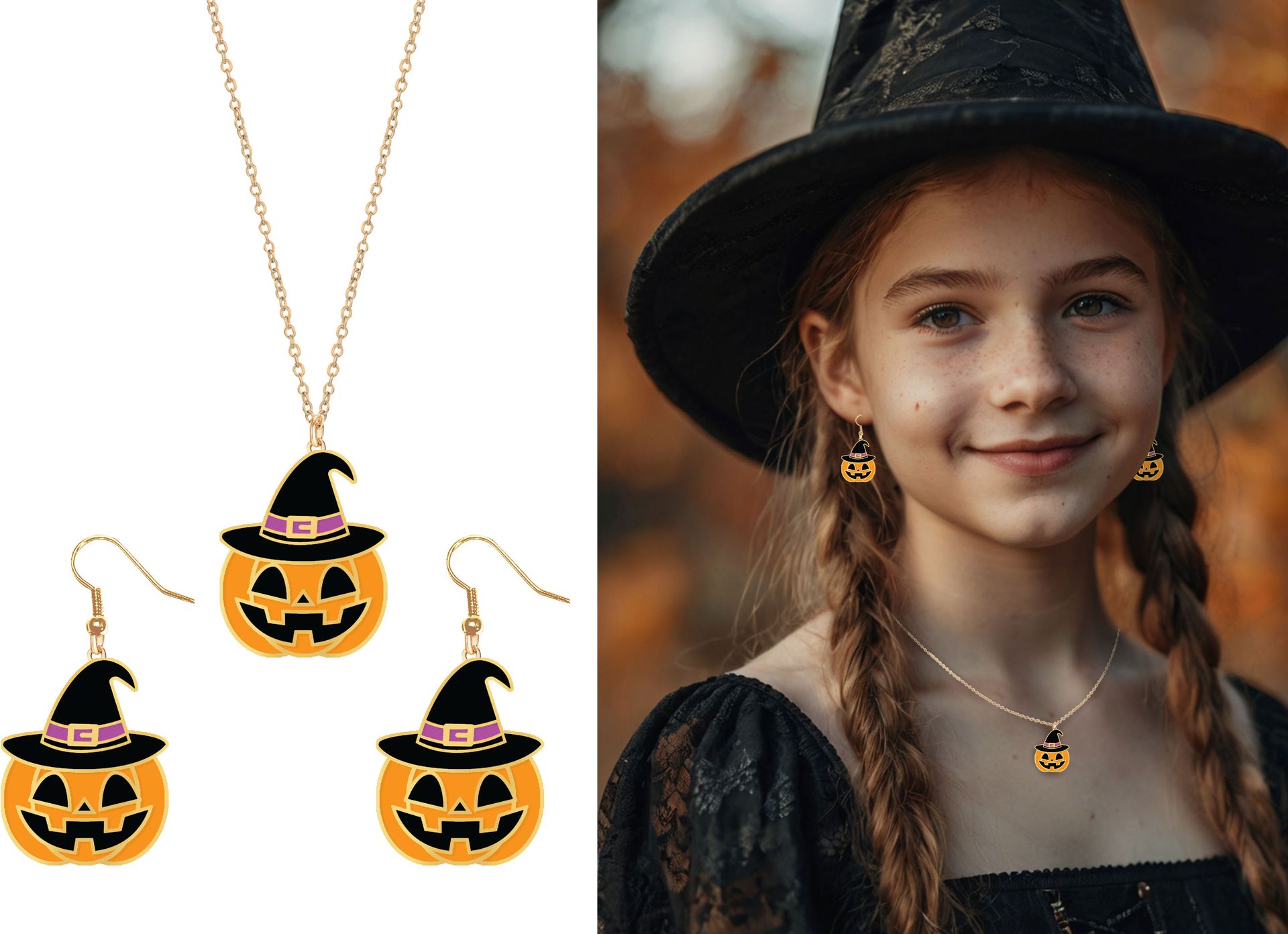 Pompoen Oorbellen met Ketting Kind Halloween
