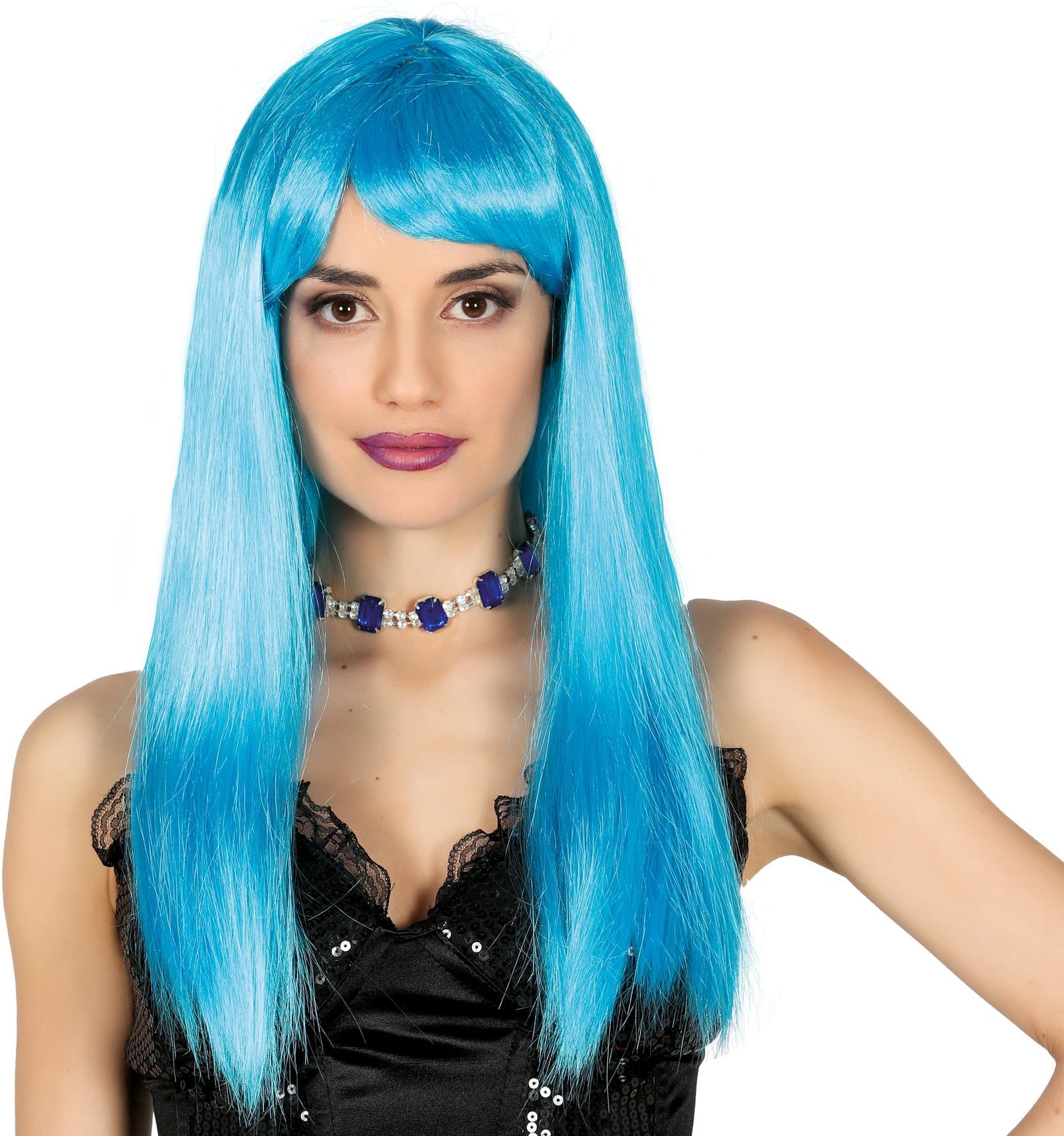 Pruik lang haar neon blauw