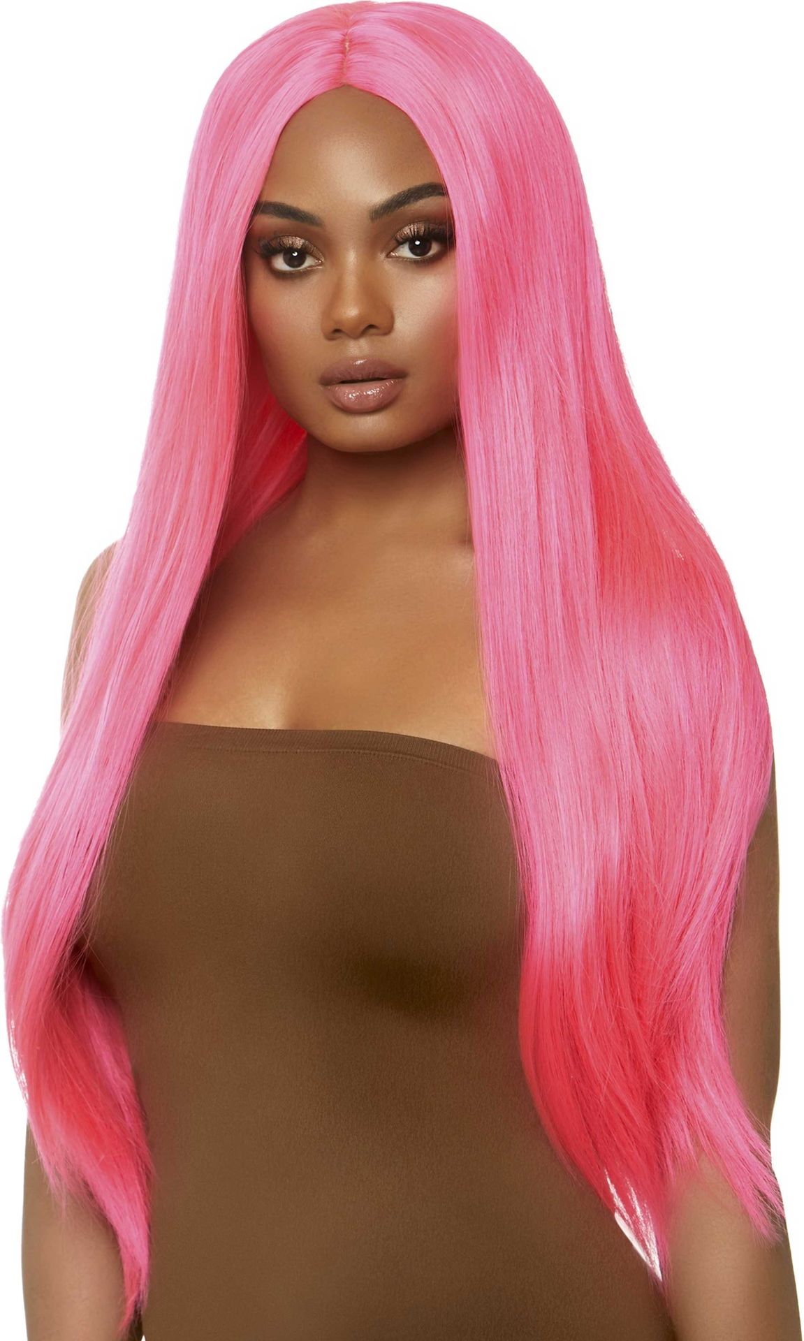 Pruik lang haar neon roze Carina