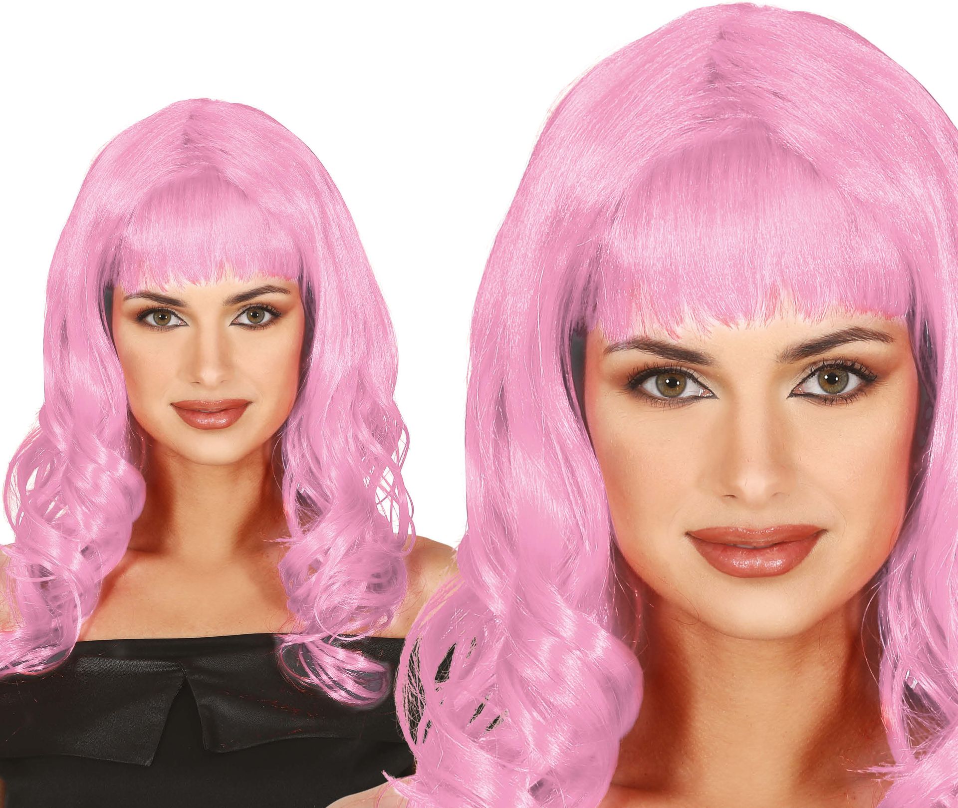 Pruik Roze met Pony Lang Haar Dames