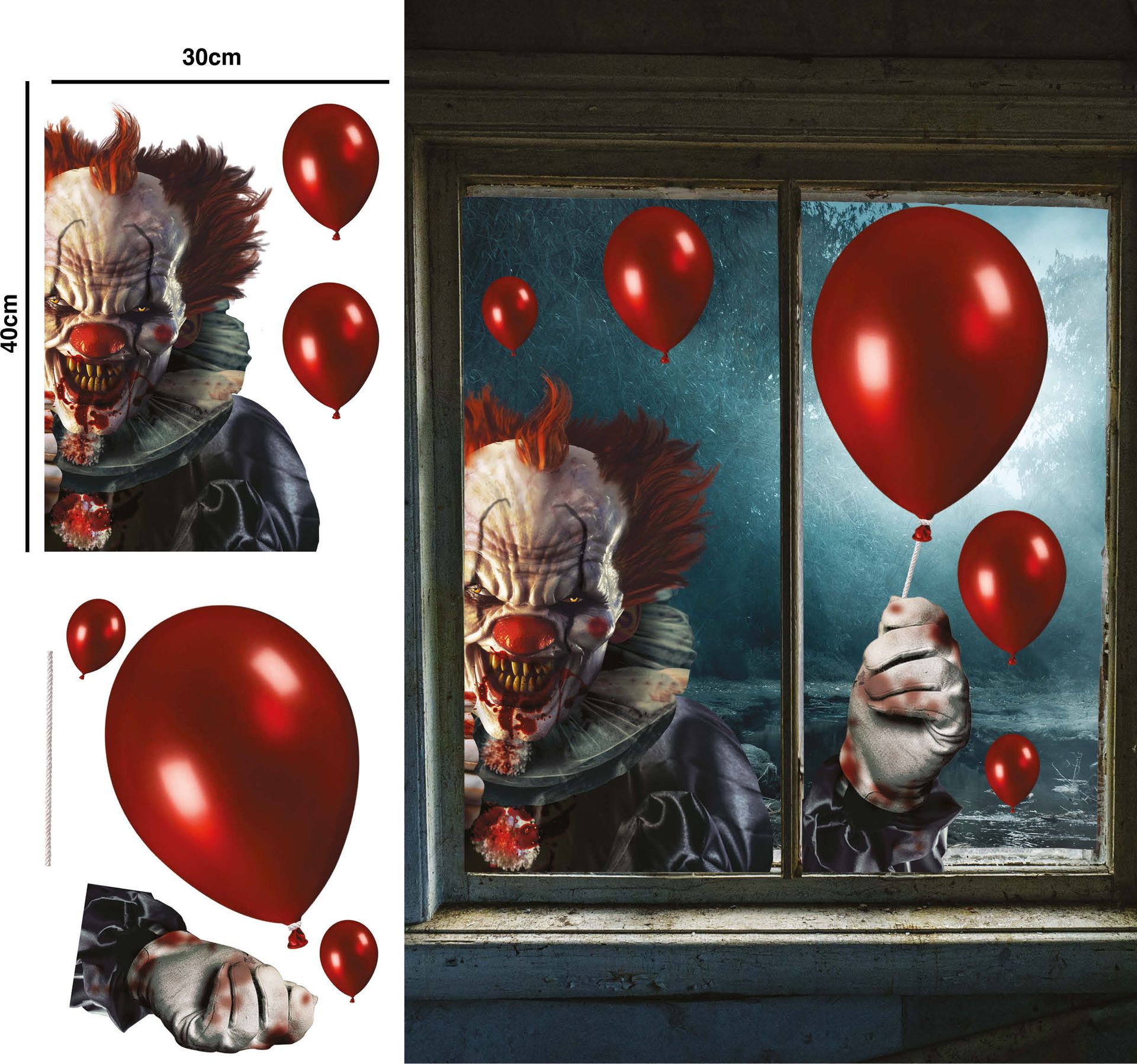 Raamdecoratie horror clown 30 x 40 cm halloween