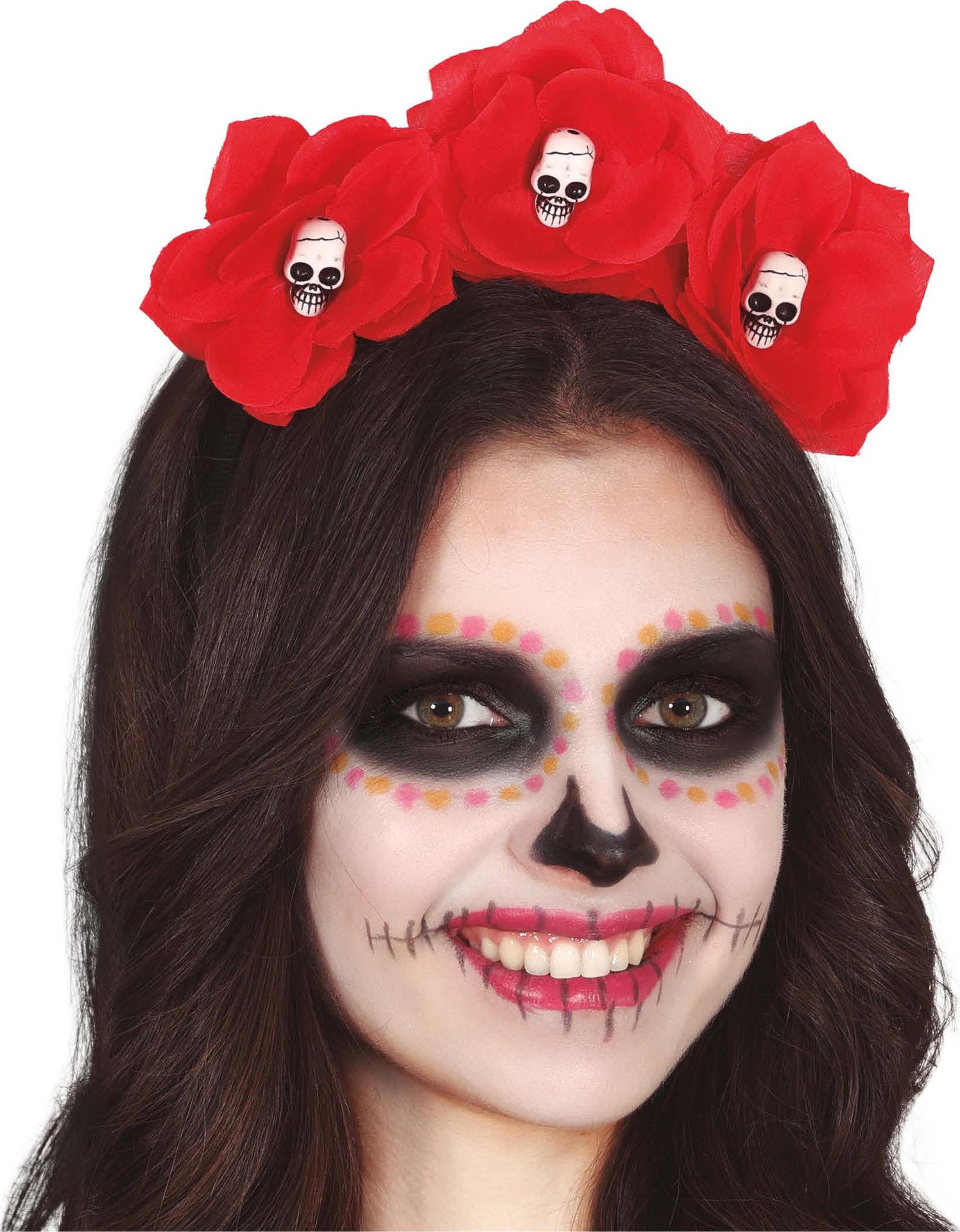 Rode bloemenhaarband met schedels halloween