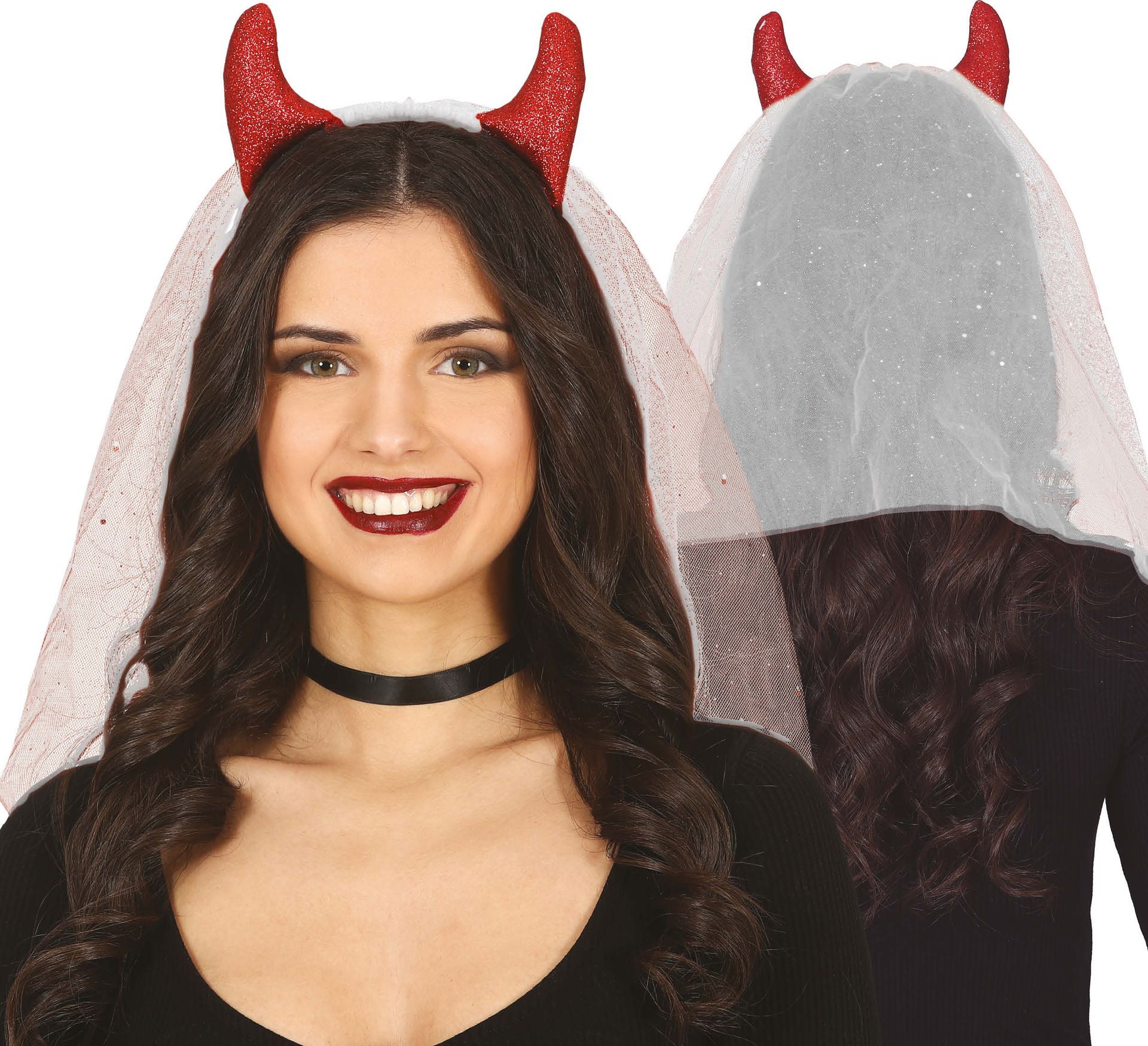 Rode duivel horen diadeem met sluier halloween