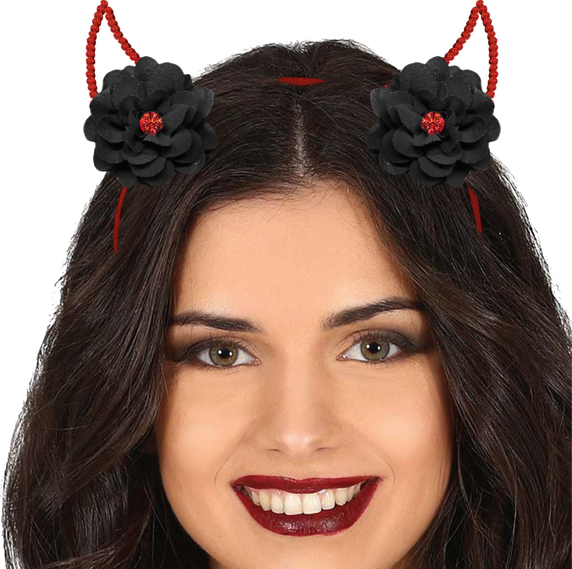 Rode duivel horen haarband met zwarte bloem halloween