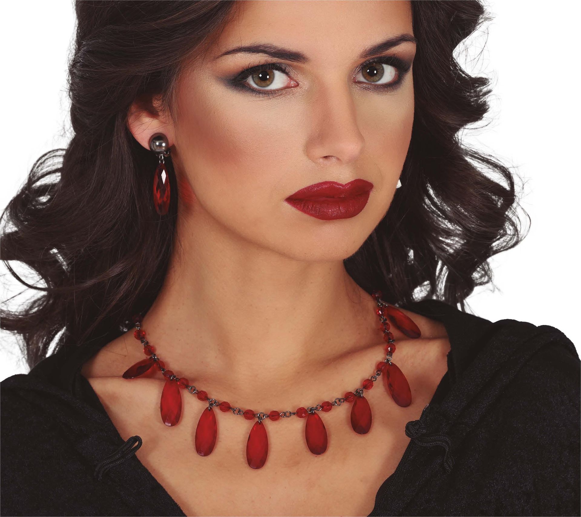 Rode edelstenen ketting en oorbellen set