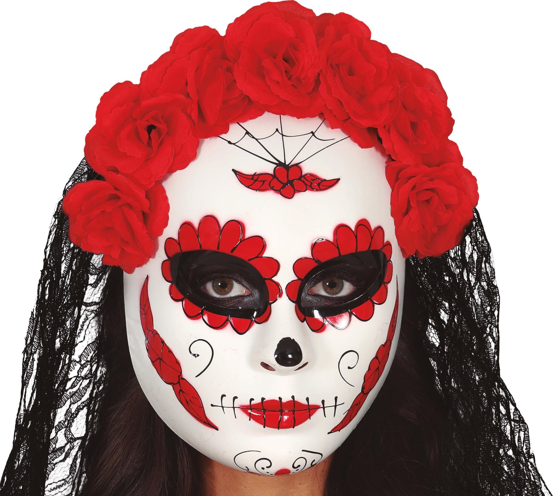 Rood Día de Muertos masker met sluier