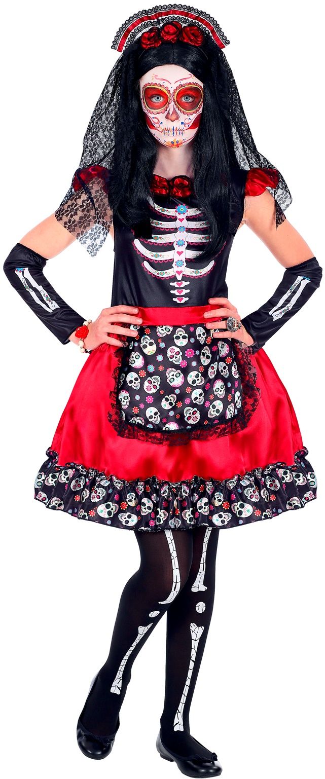 Rood dia de los muertos outfit meisje