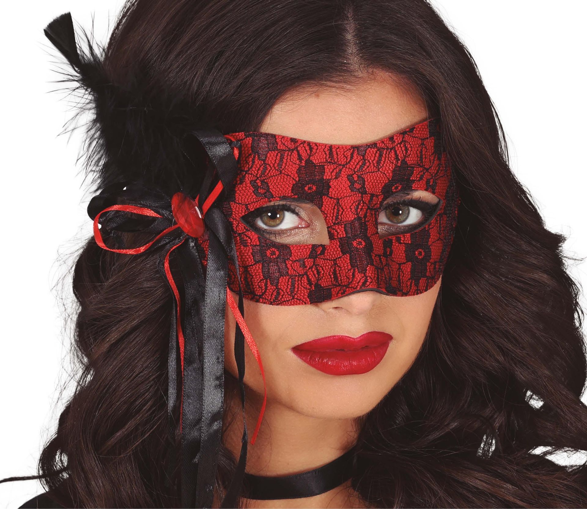 Rood oogmasker met veer