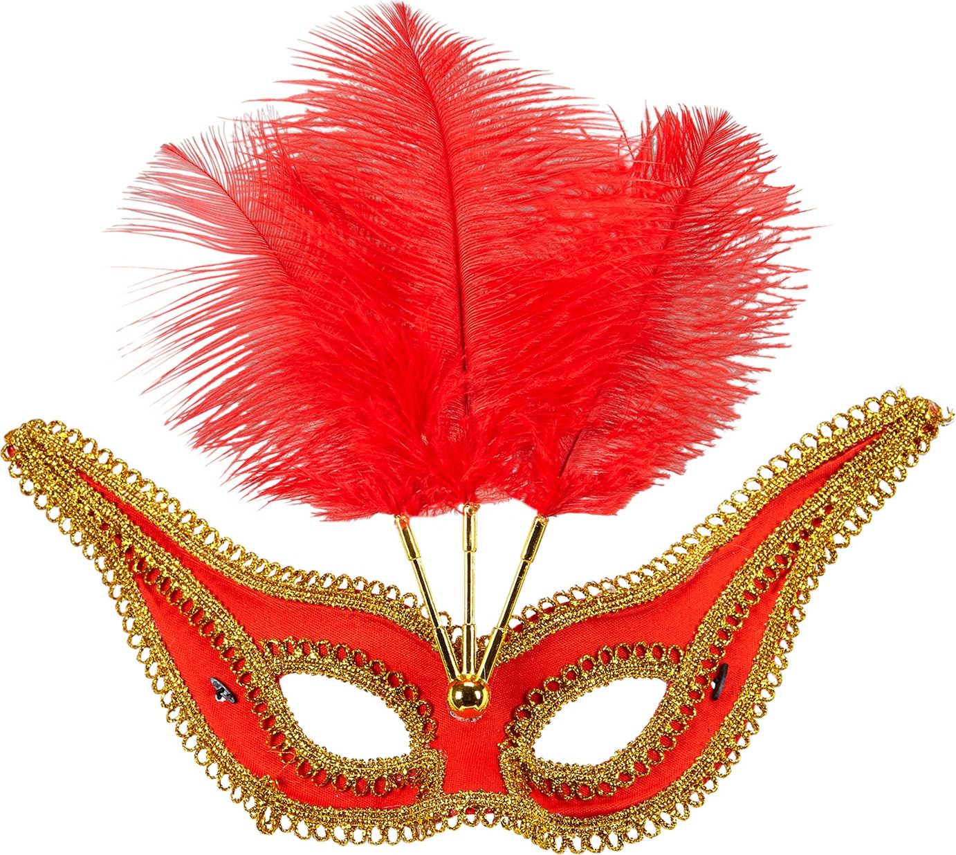 Rood oogmasker met veren en gouden rand