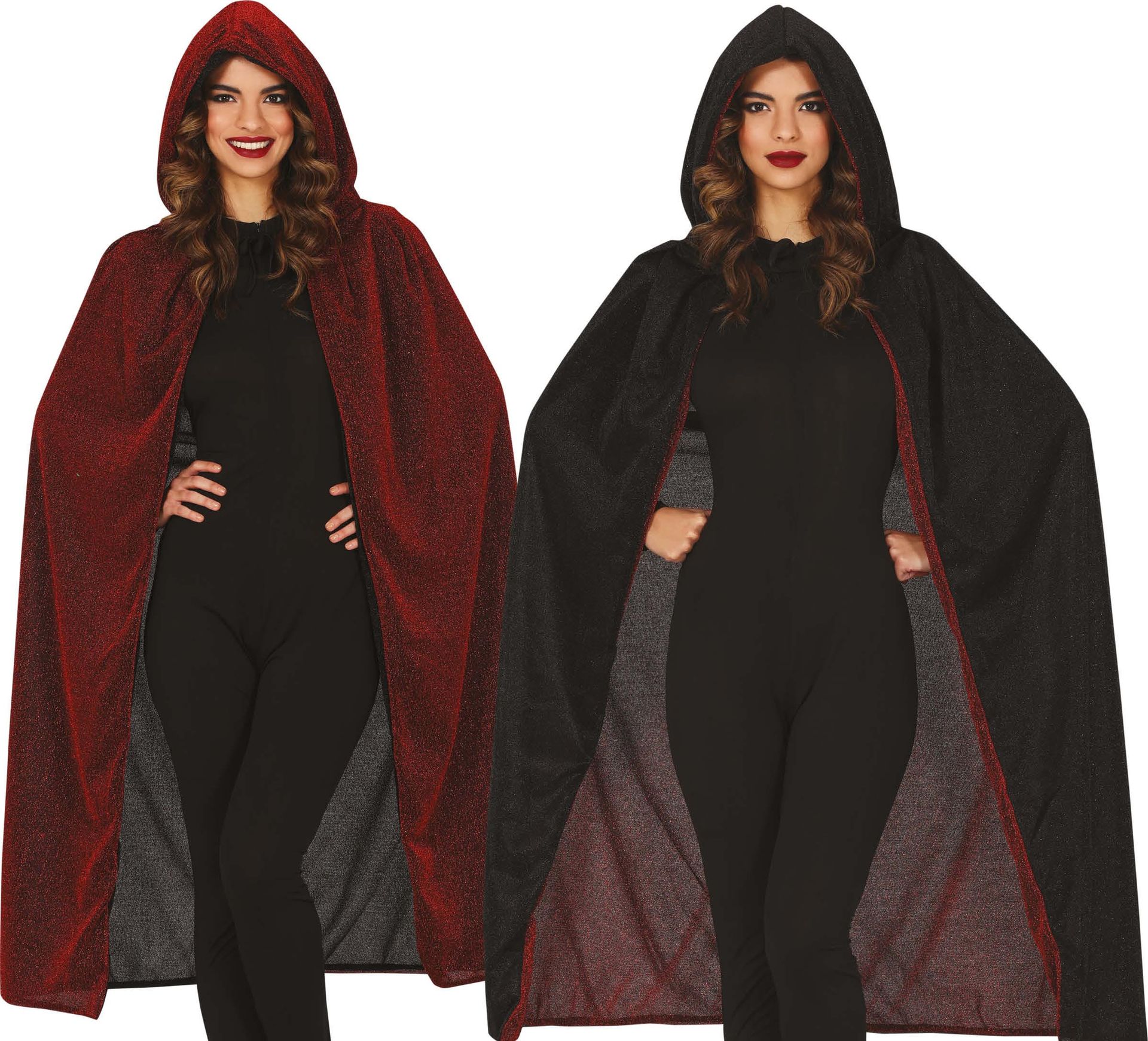 Rood zwarte cape met capuchon omkeerbaar 110 cm