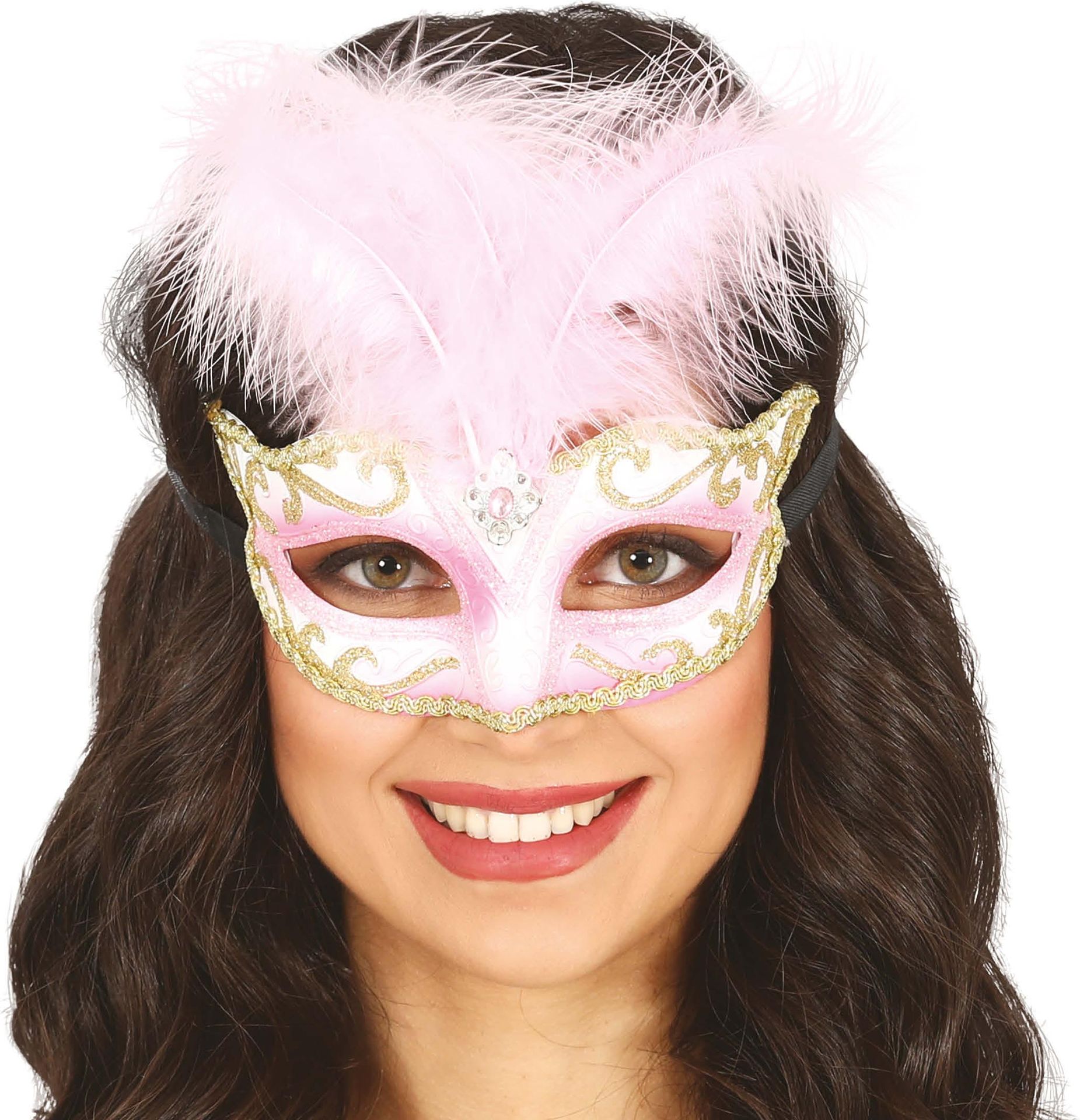 Roze en Wit Venetiaans Masker met Veer