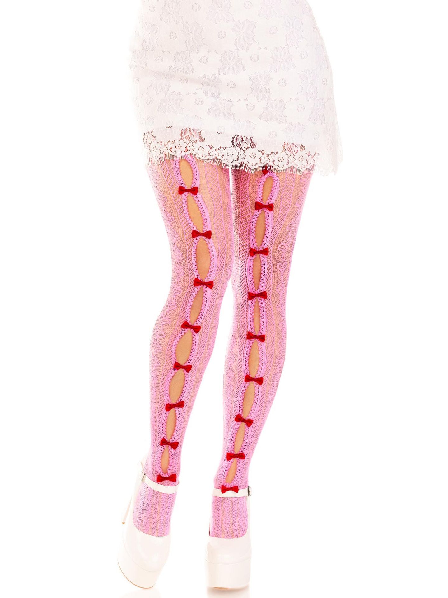 Roze gestreepte netpanty met rode strikjes dames