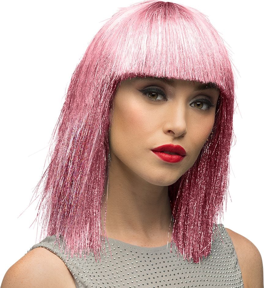 Roze Glitter Pruik Kort