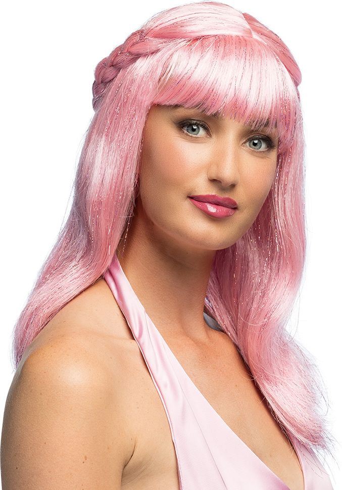 Roze Lange Stijle Pruik Glimmend
