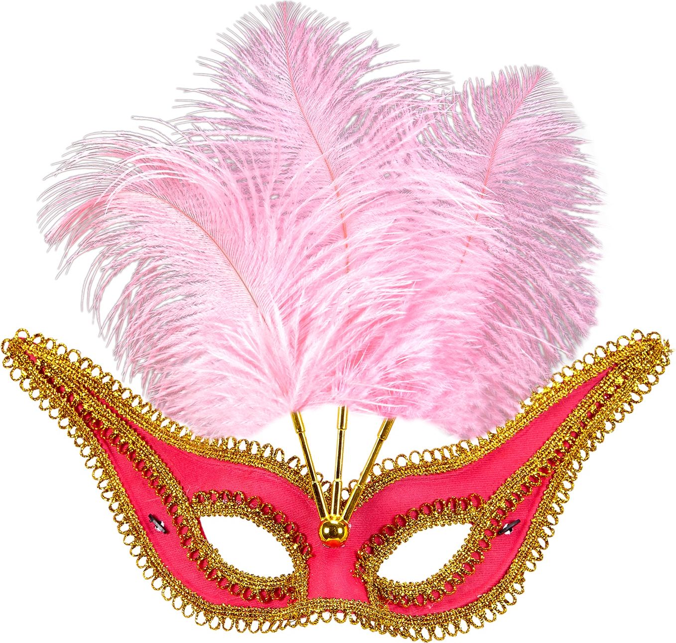 Roze oogmasker met veren en gouden rand