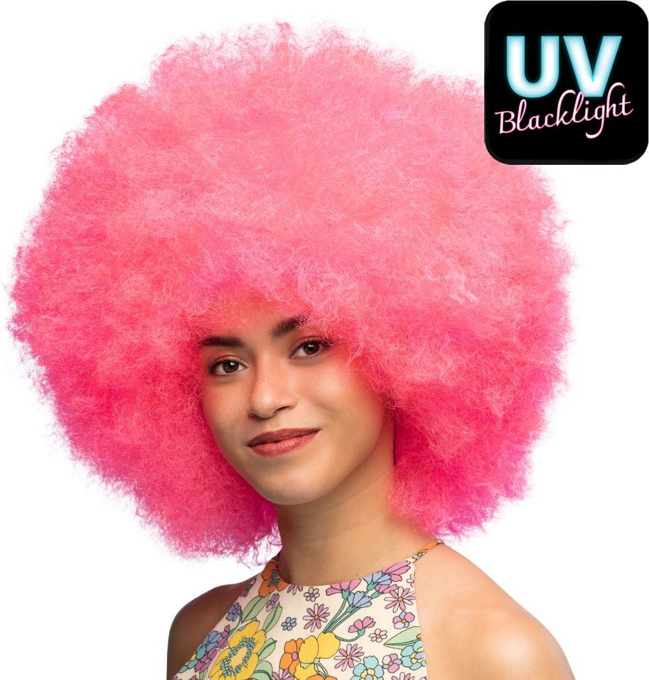 Roze UV Neon Pruik Afro Disco