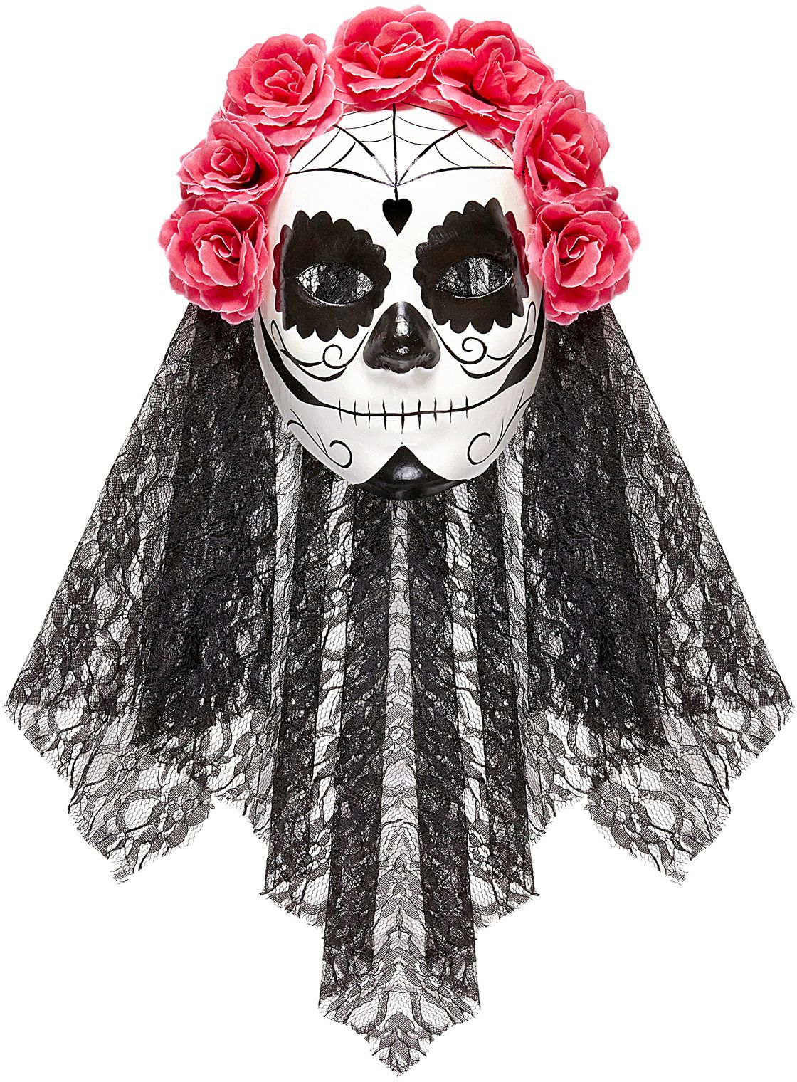 Roze zwart day of the dead masker met sluier