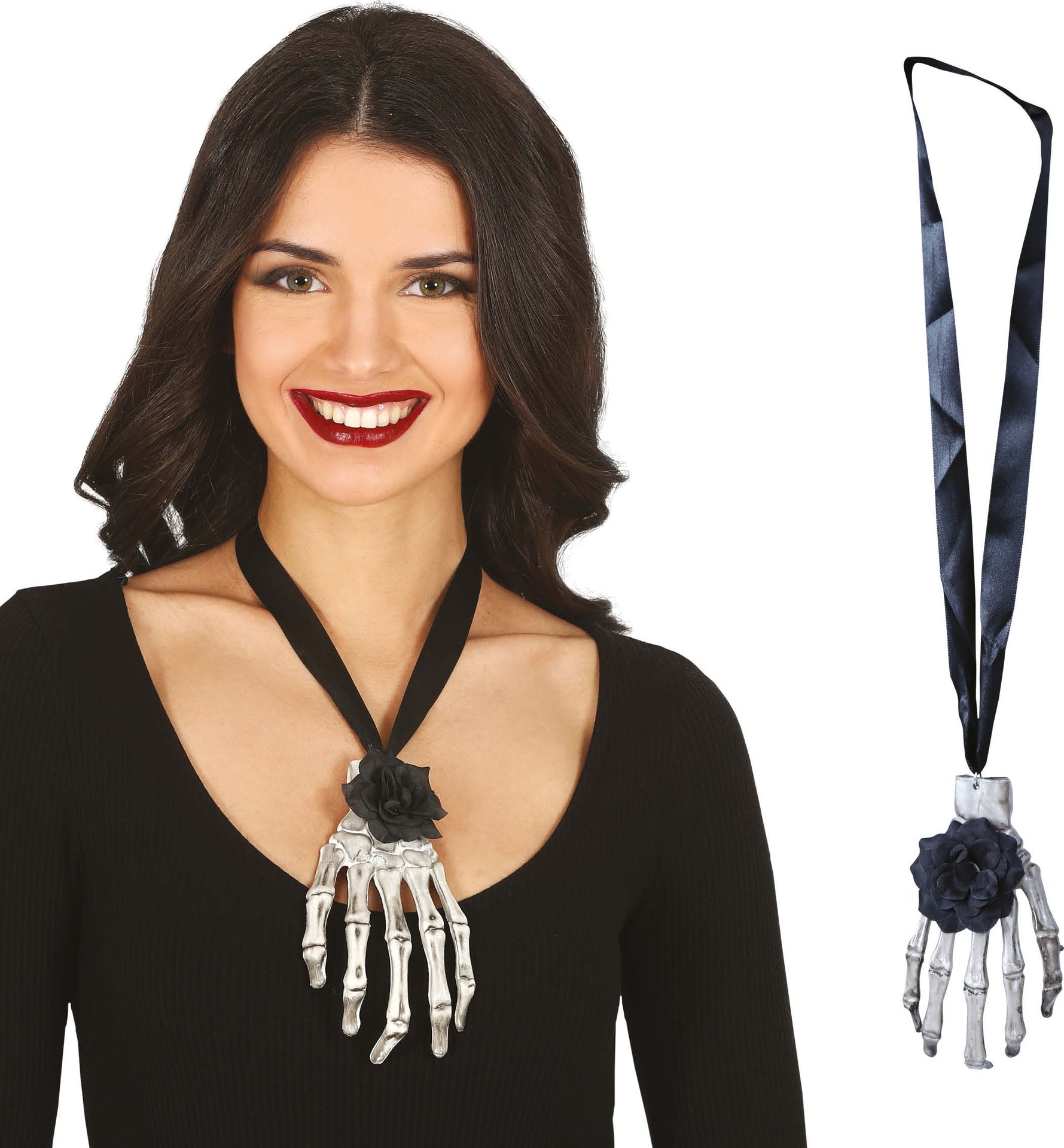 Schedelhand met zwarte bloem ketting
