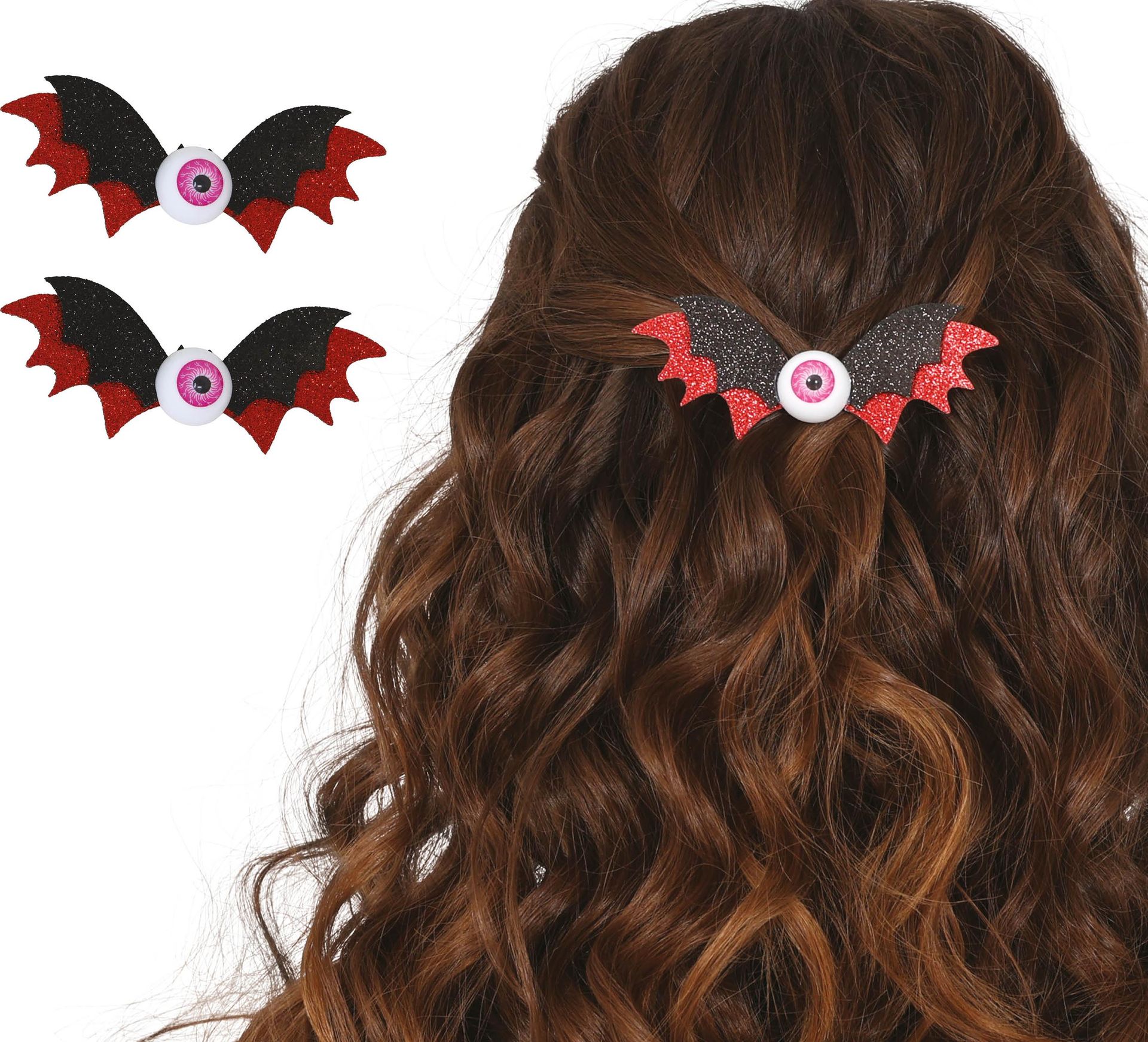 Set van 2 vleermuis met nepoog haarclips 10 cm halloween