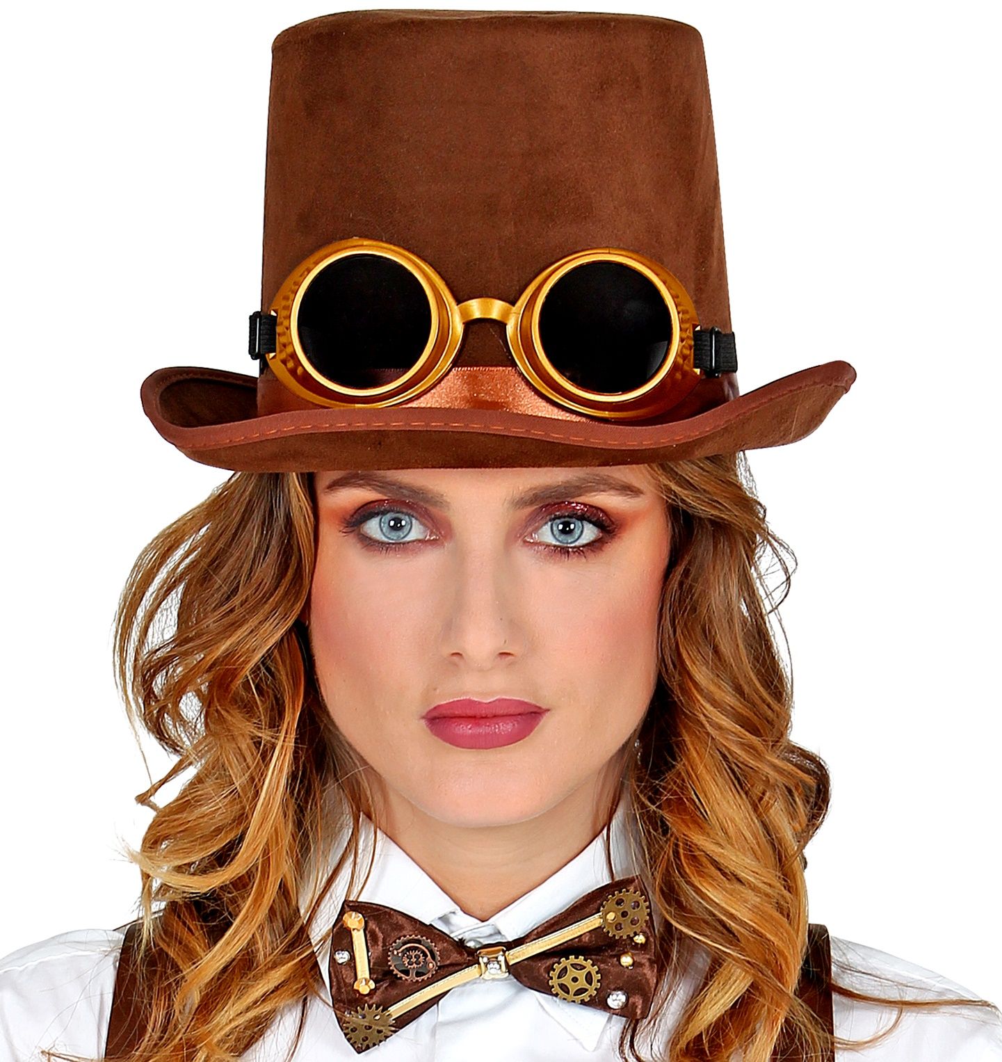 Steampunk hoed met bril bruin