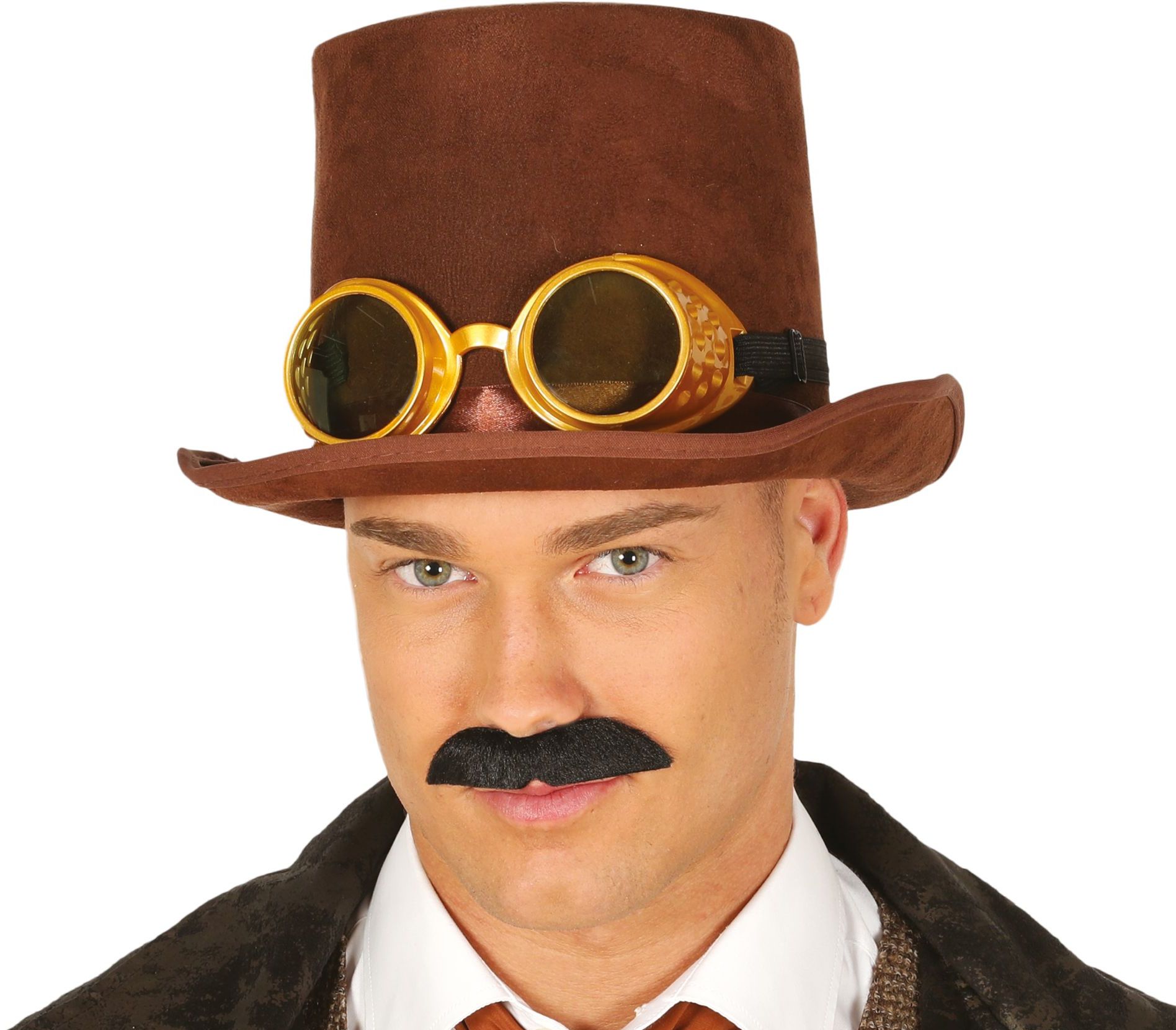 Steampunk hoge hoed met bril bruin