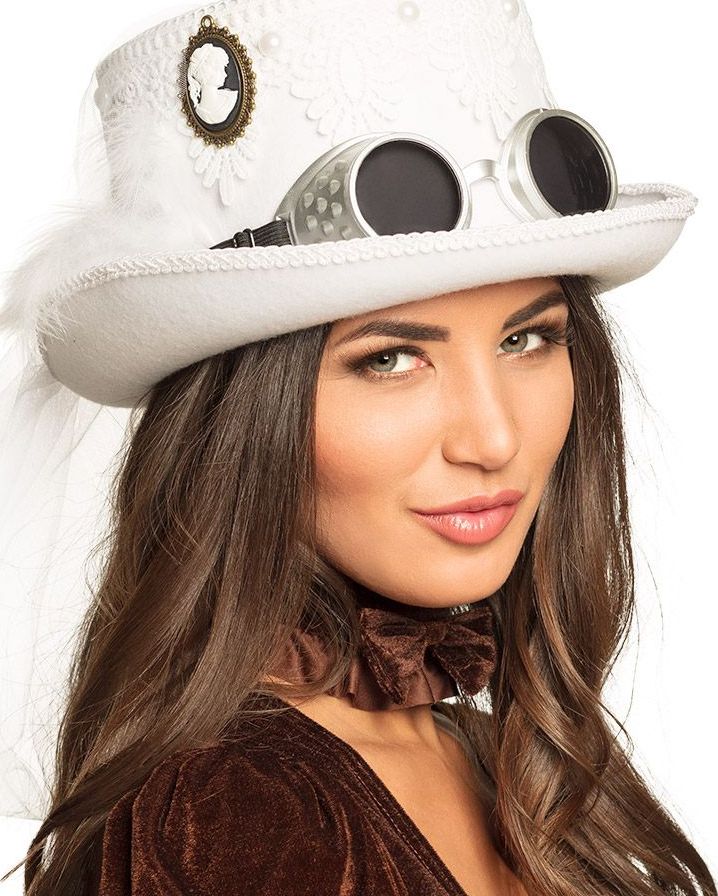 Steampunk witte bruidshoed met sluier