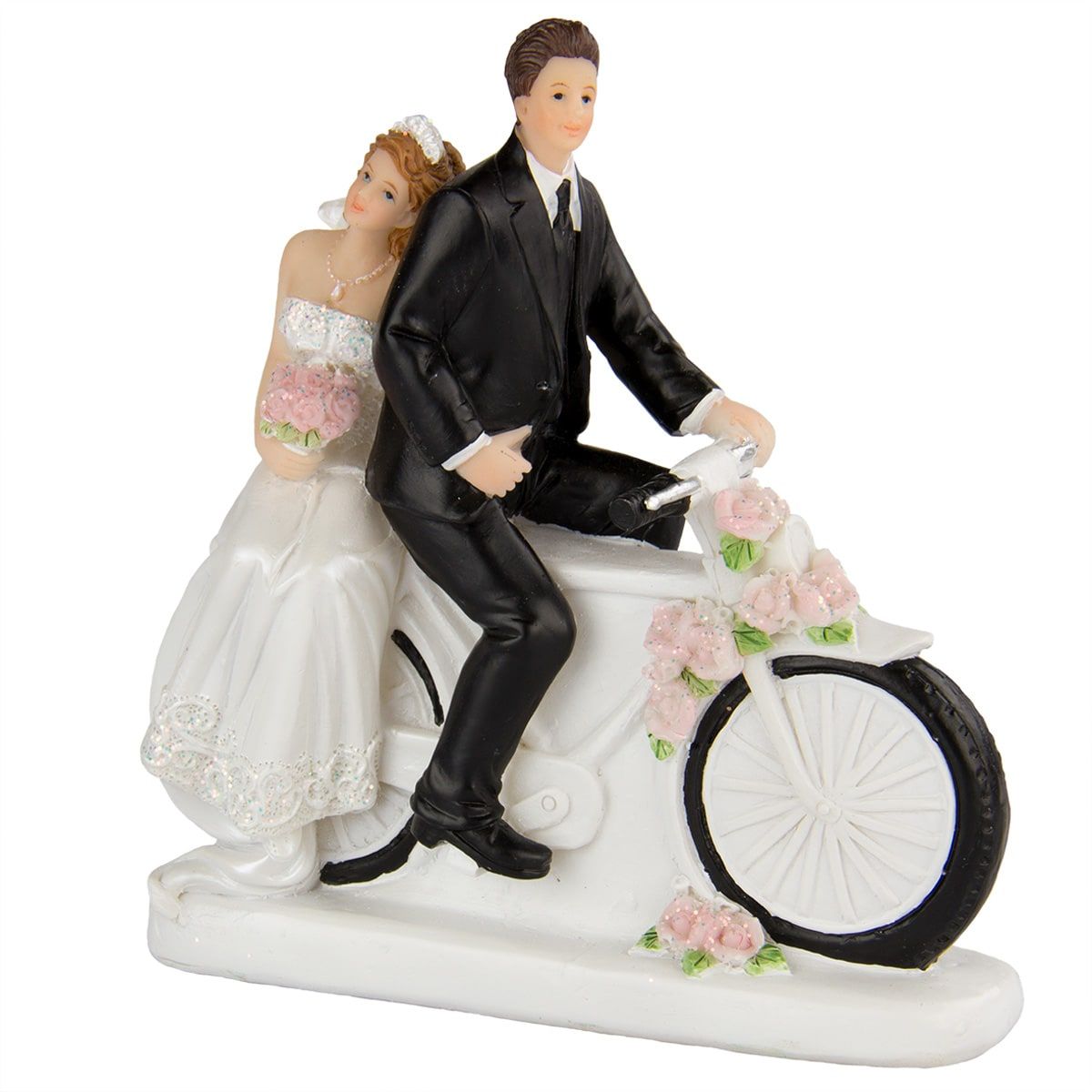 Taartdecoratie bruiloft koppel op fiets