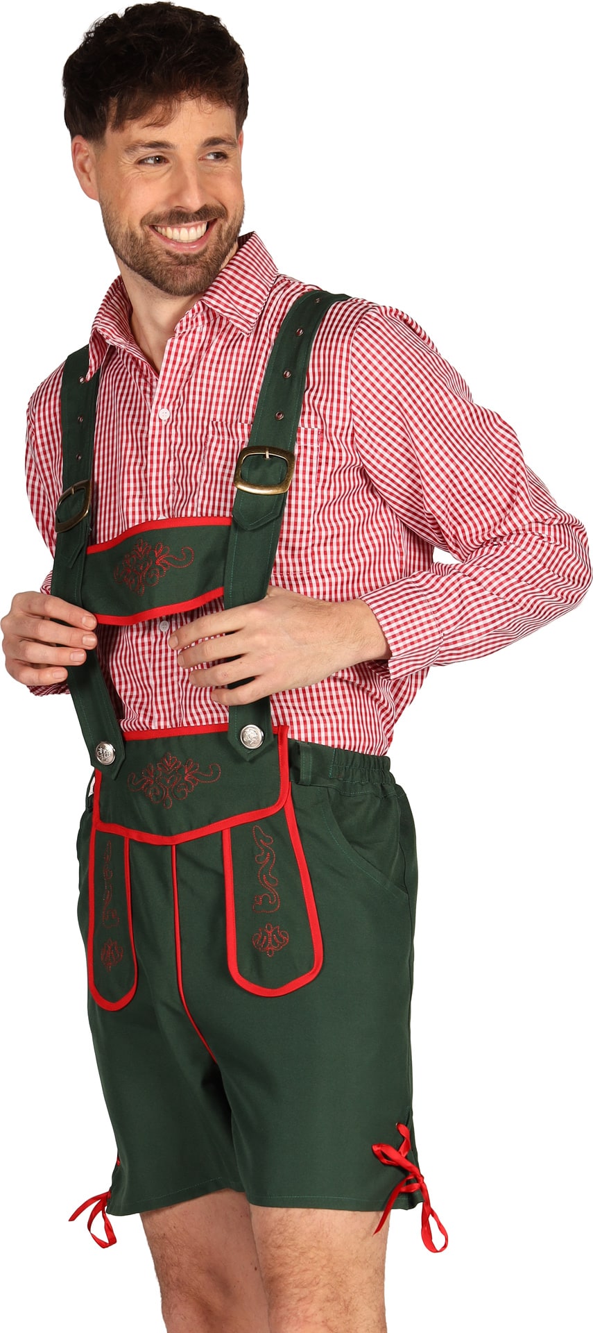 Tiroler Kostuum Heren Groene Lederhose met Rood Witte Blouse