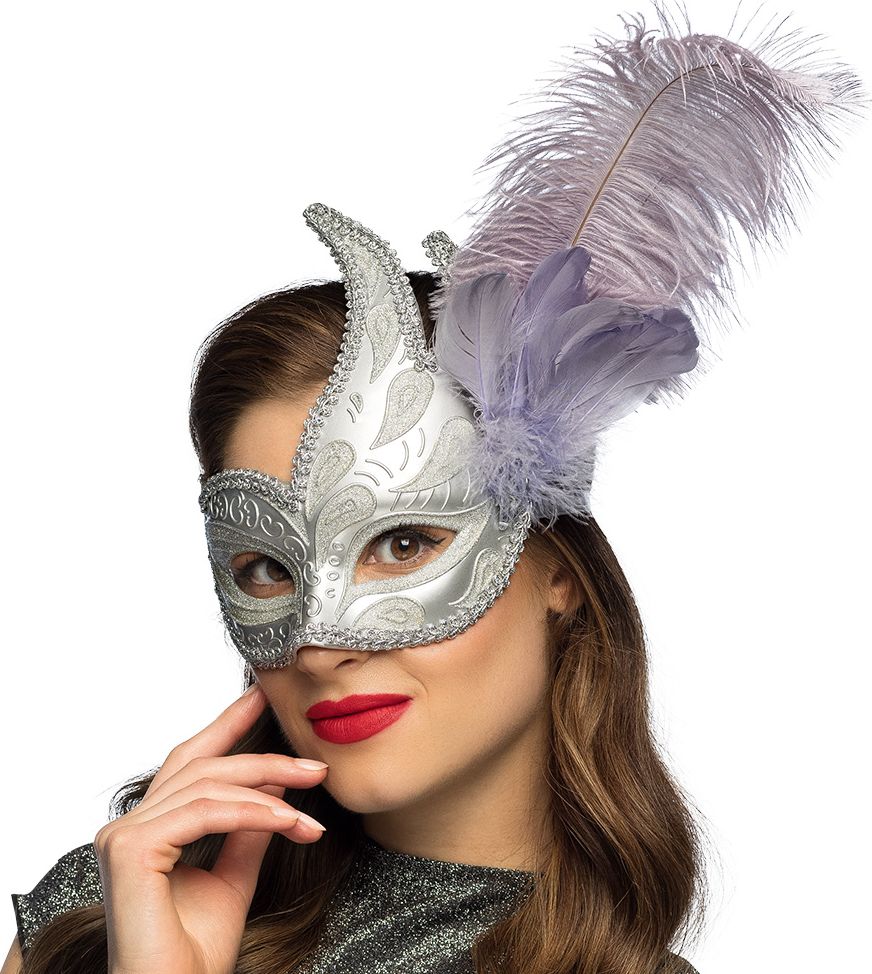 Venitiaans oogmasker met veer zilver