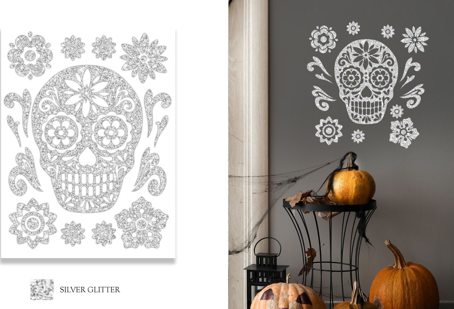 Wanddecoratie zilveren schedel glitter halloween