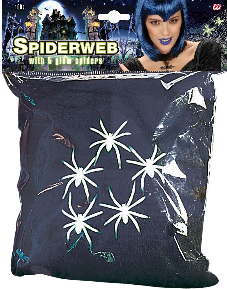 Wit Spinnenweb met 5 glow in the dark spinnen