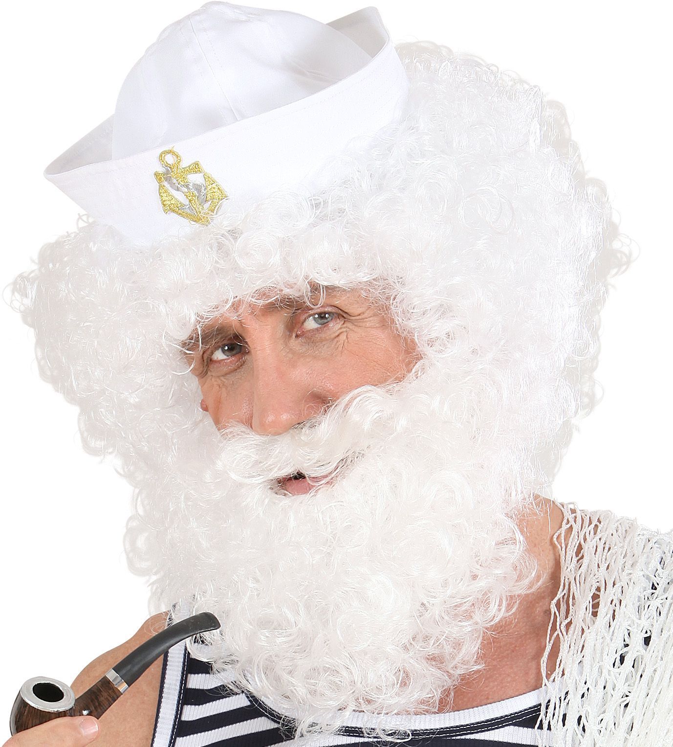 Witte gekrulde pruik met baard