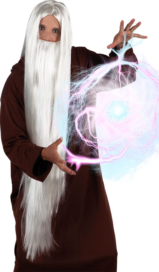 Witte tovenaar pruik met lange baard