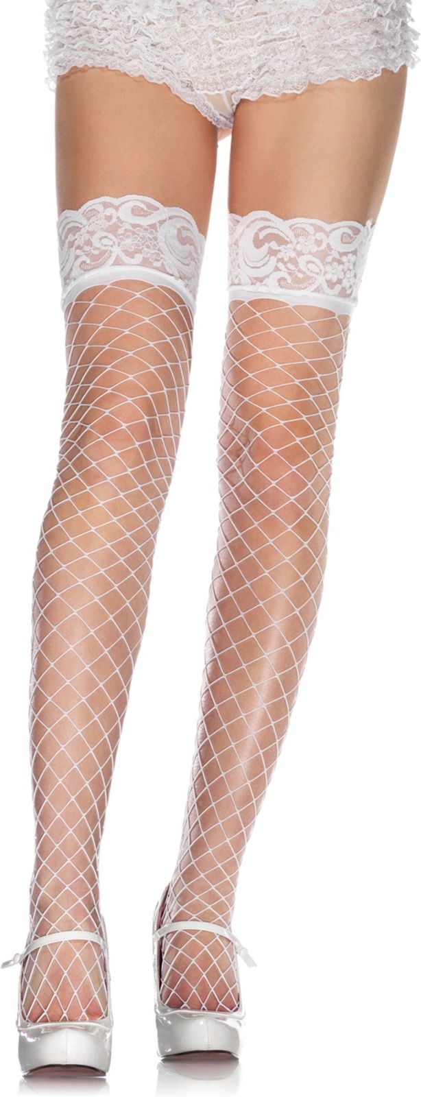 Witte visnet kousen met kanten top